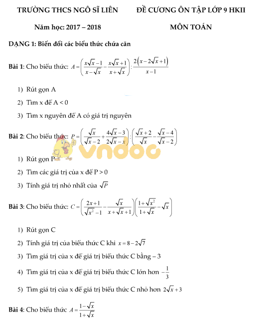 Đề cương ôn tập học kì 2 lớp 9 môn Toán trường THCS Ngô Sĩ Liên năm học 2017 - 2018