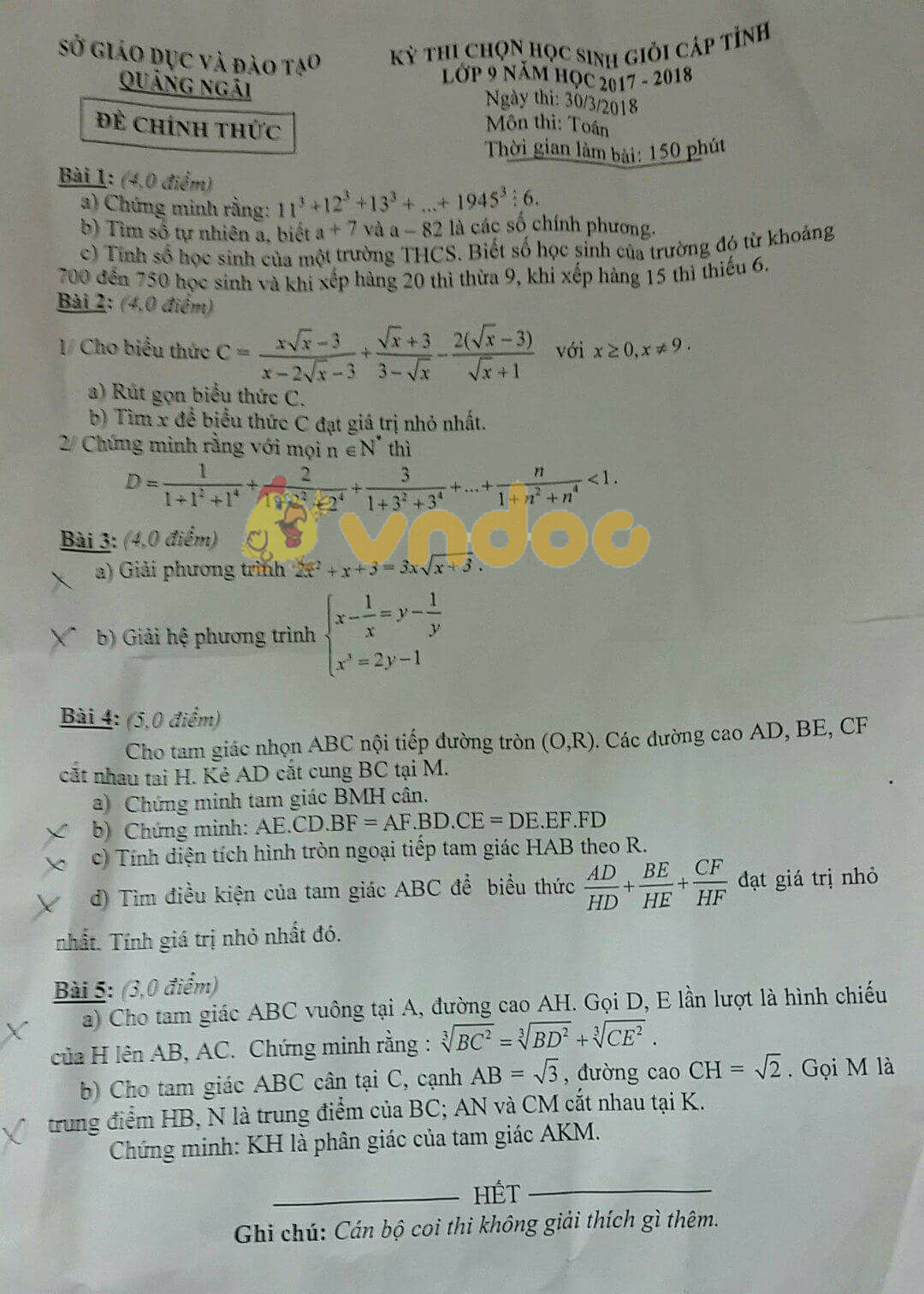 Đề thi chọn học sinh giỏi cấp tỉnh lớp 9 môn Toán Sở GD&ĐT Quảng Ngãi năm học 2017 - 2018