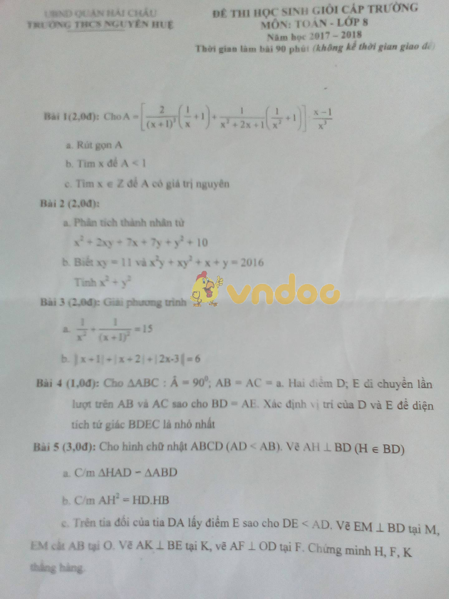Đề thi chọn học sinh giỏi cấp trường lớp 8 môn Toán trường THCS Nguyễn Huệ năm học 2017 - 2018