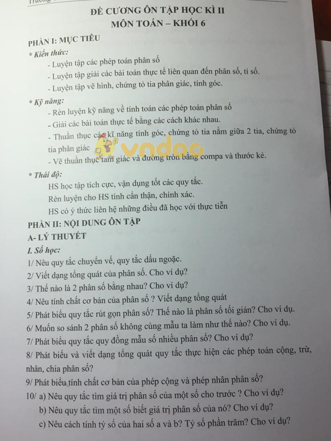 Đề cương ôn tập học kì 2 lớp 6 môn Toán trường THCS Đoàn Thị Điểm năm học 2017 - 2018