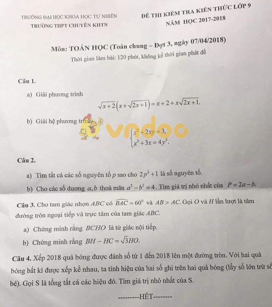 Đề thi thử vào lớp 10 môn Toán trường THPT Chuyên KHTN năm học 2017 - 2018 (lần 3)
