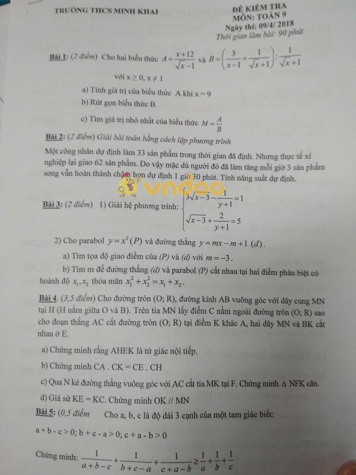 Đề kiểm tra môn Toán lớp 9 trường THCS Minh Khai năm học 2017 - 2018