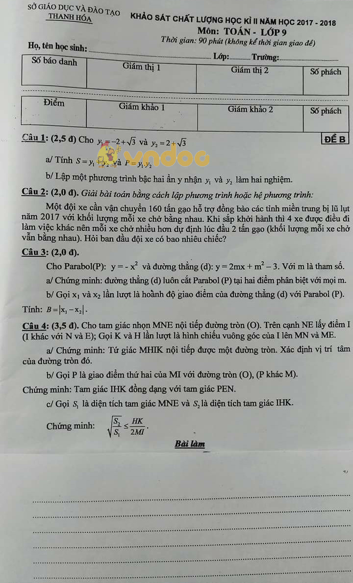 Đề KSCL học kì 2 lớp 9 môn Toán Sở GD&ĐT Thanh Hóa năm học 2017 - 2018