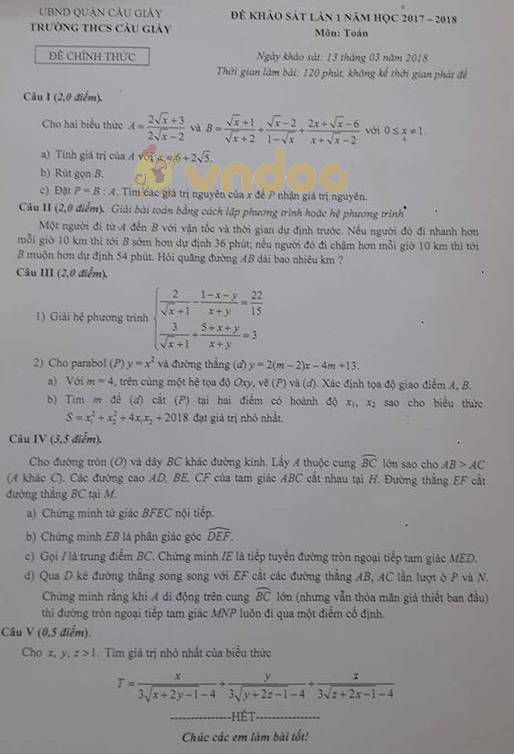Đề KSCL học kì 2 lớp 9 môn Toán Trường THCS Cầu Giấy năm học 2017 - 2018 (lần 1)