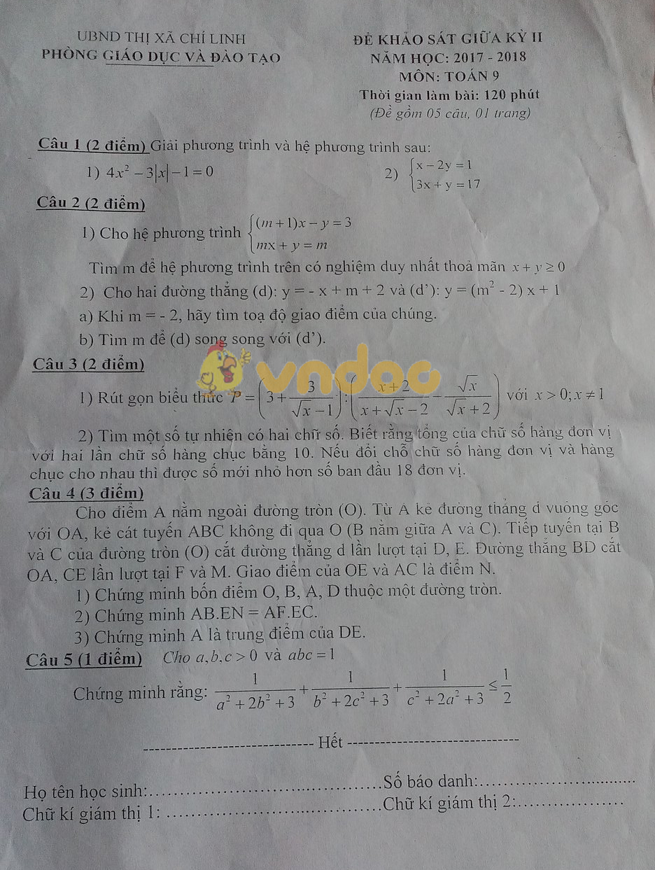 Đề KSCL giữa học kì 2 lớp 9 môn Toán Phòng GD&ĐT Chí Linh năm học 2017 - 2018
