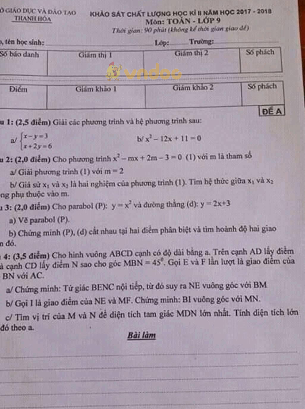 Đề KSCL học kì 2 lớp 9 môn Toán Sở GD&ĐT Thanh Hóa năm học 2017 - 2018 (đề A)