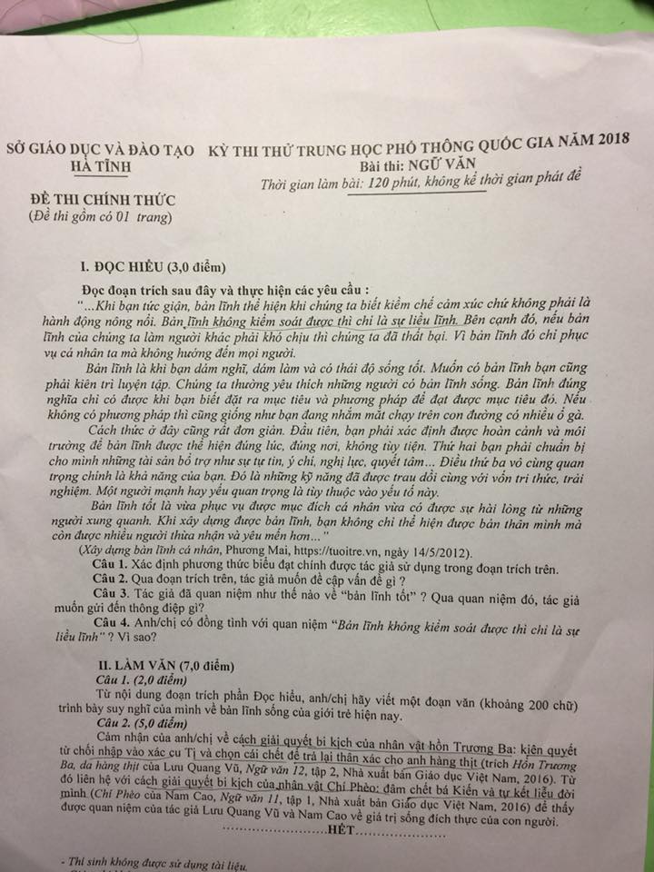 Đề thi thử THPT quốc gia môn Ngữ văn năm 2018
