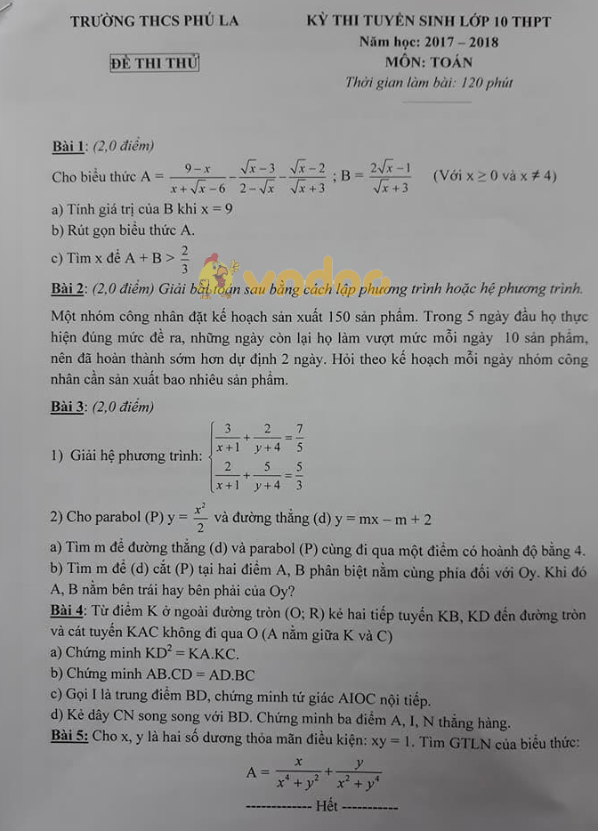 Đề thi thử vào lớp 10 môn Toán trường THCS Phú La năm học 2017 - 2018