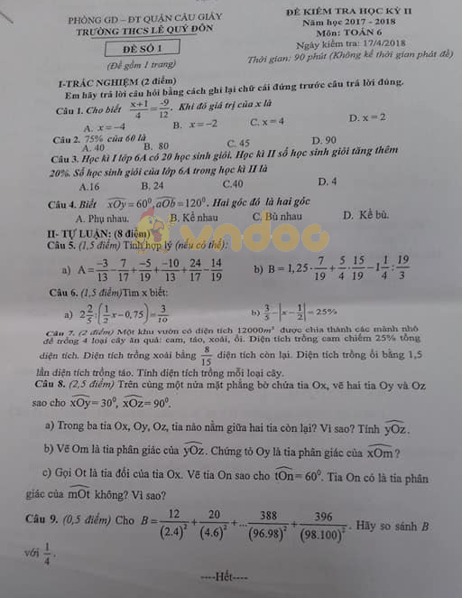 Đề thi học kì 2 lớp 6 môn Toán trường THCS Lê Quý Đôn, Cầu Giấy năm học 2017 - 2018