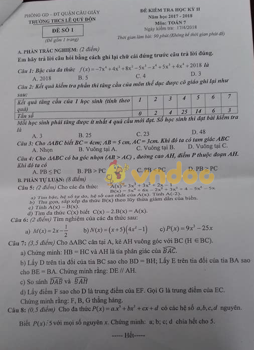 Đề thi học kì 2 lớp 7 môn Toán trường THCS Lê Quý Đôn, Cầu Giấy năm học 2017 - 2018