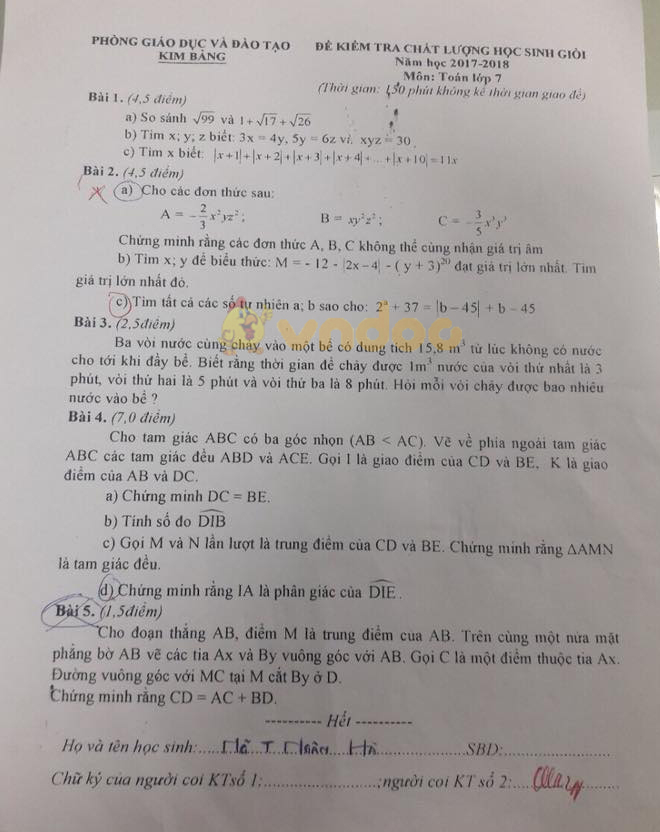 Đề kiểm tra chất lượng học sinh giỏi lớp 7 môn Toán Phòng GD&ĐT Kim Bảng năm học 2017 - 2018