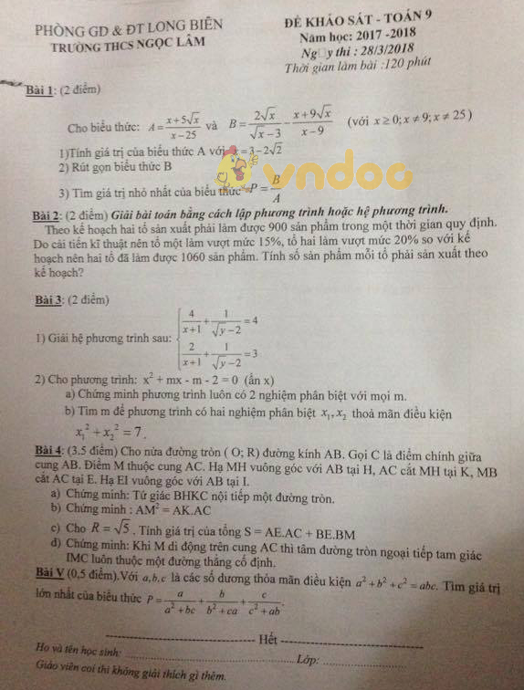 Đề khảo sát lớp 9 môn Toán trường THCS Ngọc Lâm, Long Biên năm học 2017 - 2018