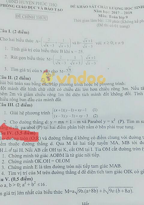 Đề KSCL lớp 9 môn Toán Phòng GD&ĐT Phúc Thọ năm học 2017 - 2018
