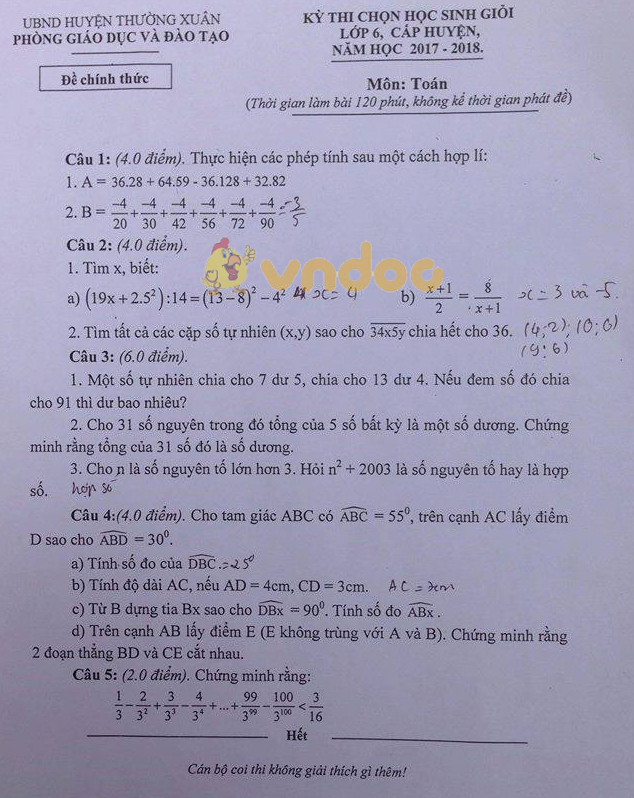 Đề thi chọn học sinh giỏi cấp huyện lớp 6 môn Toán Phòng GD&ĐT huyện Thường Xuân năm học 2017 - 2018