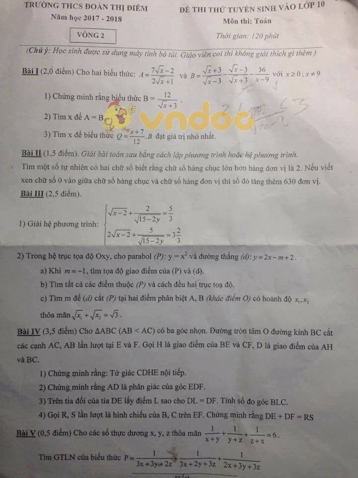 Đề thi thử vào lớp 10 môn Toán trường THCS Đoàn Thị Điểm năm học 2017 - 2018 (vòng 2)