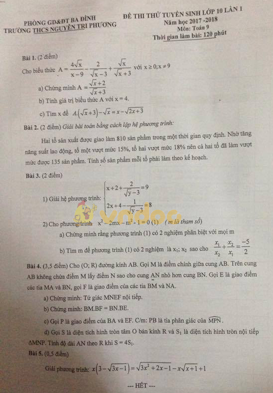 Đề thi thử vào lớp 10 môn Toán trường THCS Nguyễn Tri Phương, Ba Đình năm học 2017 - 2018 (lần 1)