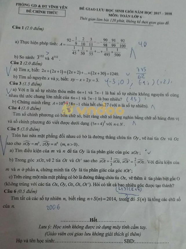 Đề giao lưu học sinh giỏi lớp 6 môn Toán Phòng GD&ĐT Vĩnh Yên năm học 2017 - 2018