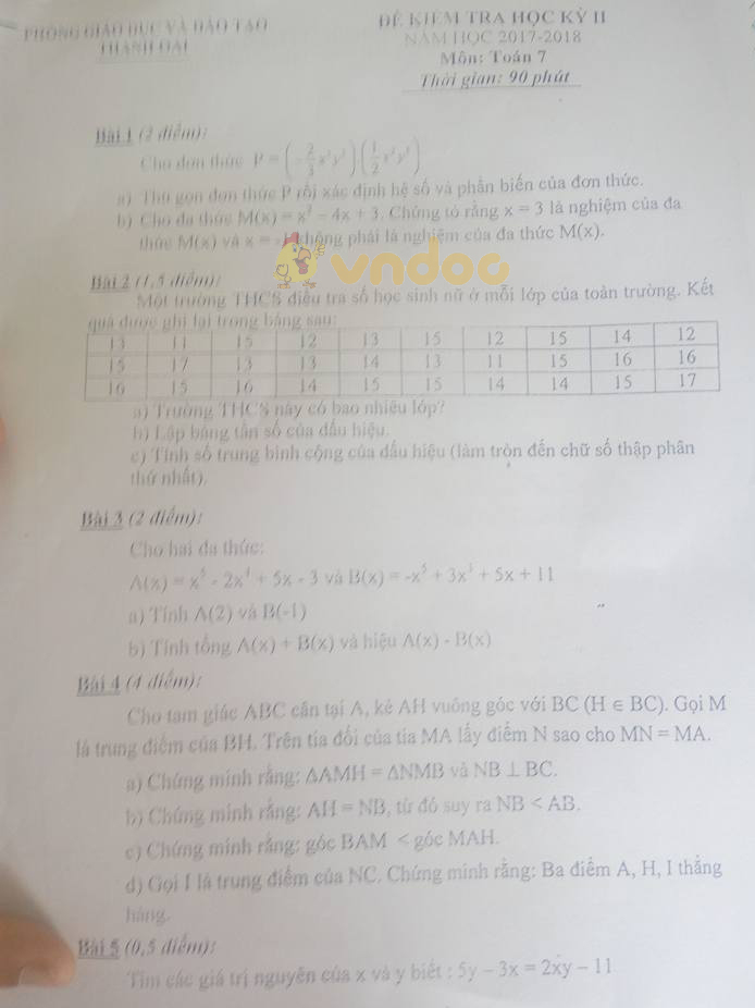 Đề kiểm tra học kì 2 lớp 7 môn Toán Phòng GD&ĐT Thanh Oai năm học 2017 - 2018