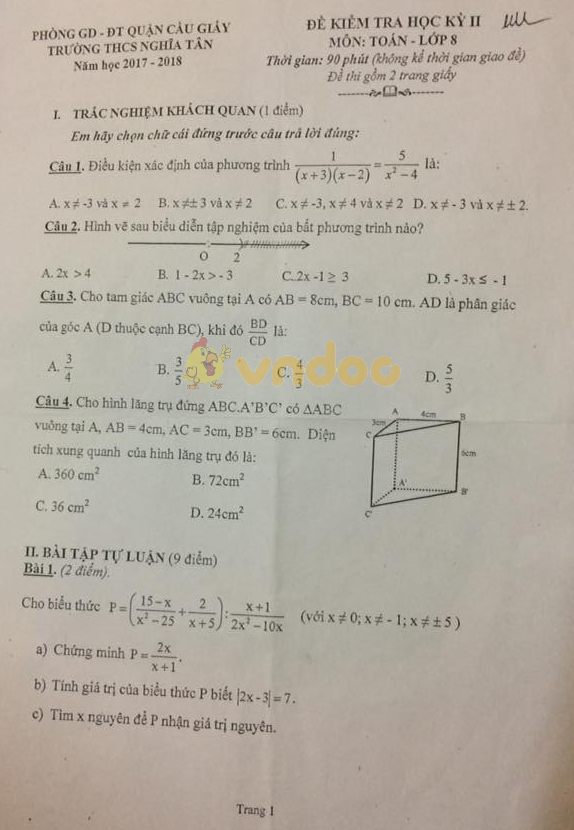 Đề kiểm tra học kì 2 lớp 8 môn Toán trường THCS Nghĩa Tân, Cầu Giấy năm học 2017 - 2018