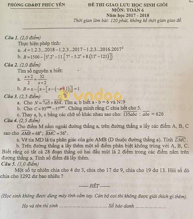 Đề thi giao lưu học sinh giỏi lớp 6 môn Toán Phòng GD&ĐT Phúc Yên năm học 2017 - 2018