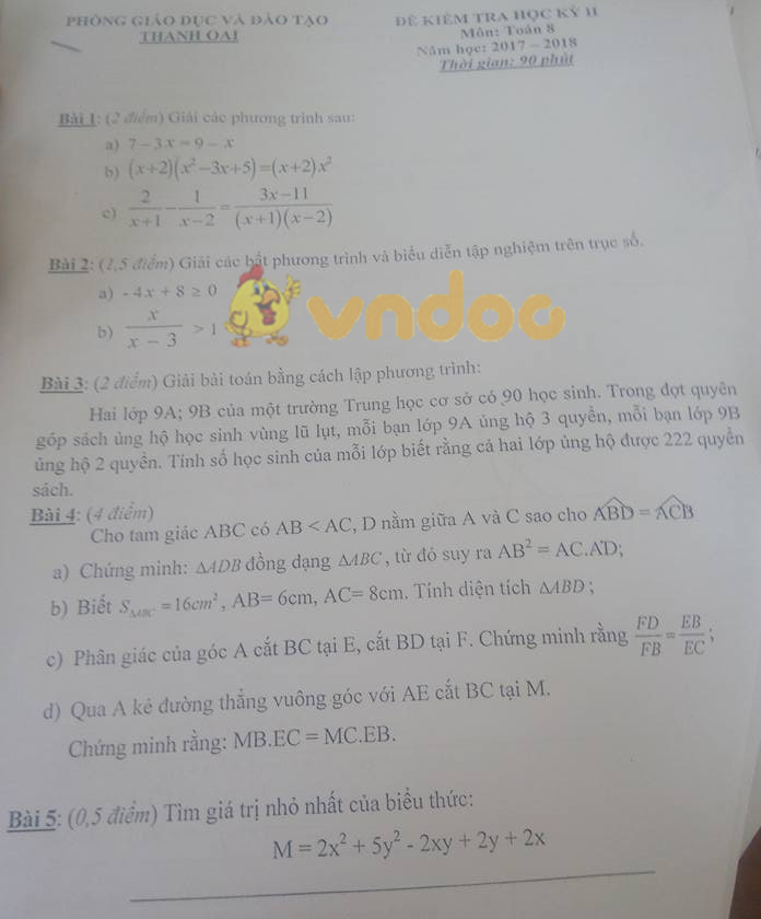 Đề kiểm tra học kì 2 lớp 8 môn Toán Phòng GD&ĐT Thanh Oai năm học 2017 - 2018