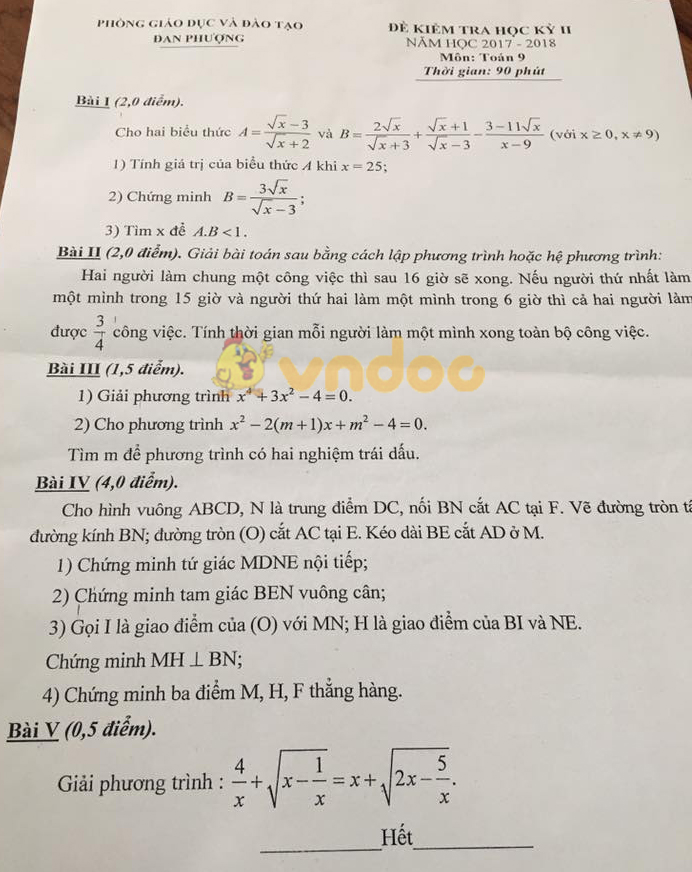 Đề kiểm tra học kì 2 lớp 9 môn Toán Phòng GD&ĐT Đan Phượng năm học 2017 - 2018
