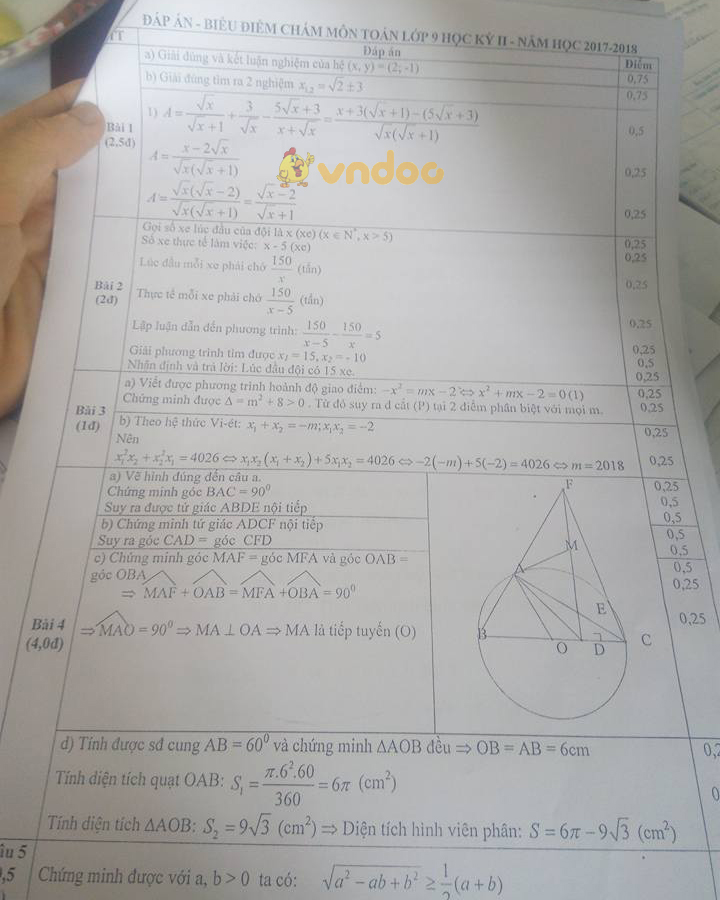 Đề kiểm tra học kì 2 lớp 9 môn Toán Phòng GD&ĐT Thanh Oai năm học 2017 - 2018