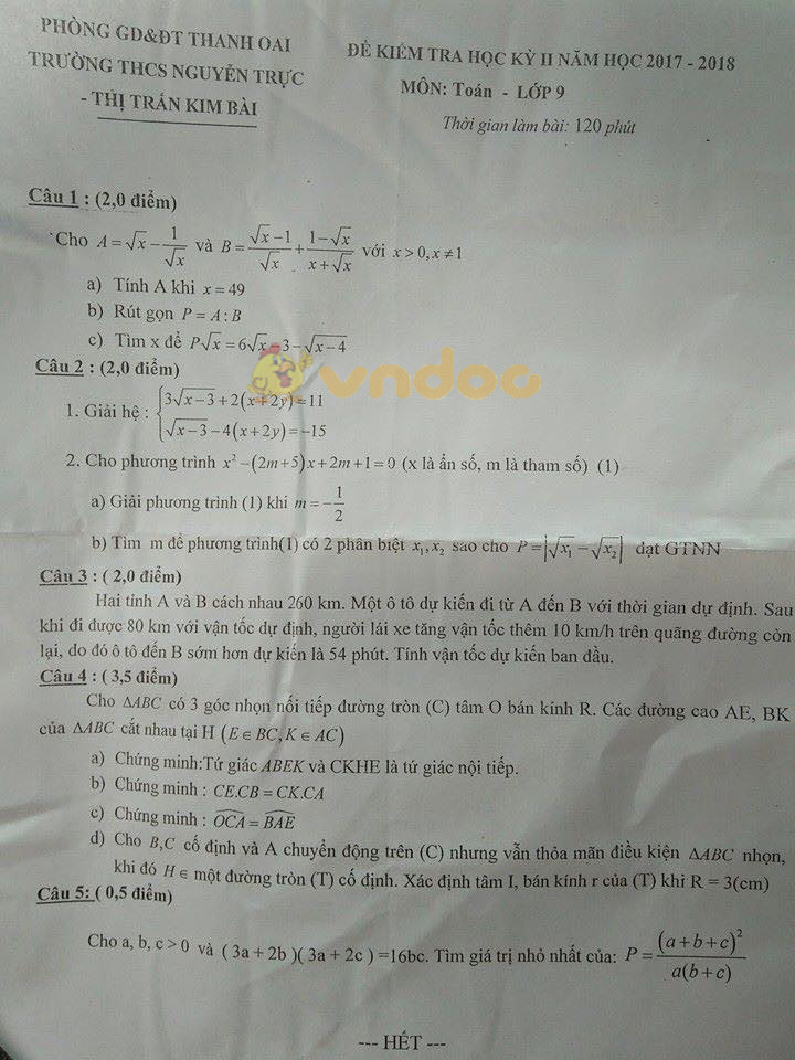 Đề kiểm tra học kì 2 lớp 9 môn Toán trường THCS Nguyễn Trực, Thanh Oai năm học 2017 - 2018