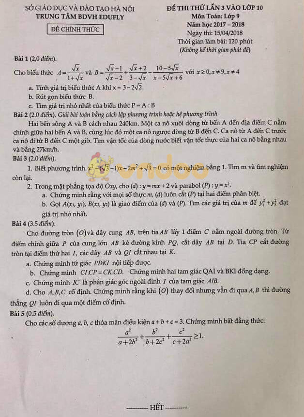 Đề thi thử vào lớp 10 môn Toán trung tâm BDVH EDUFLY, Hà Nội năm học 2017 - 2018 (lần 3)