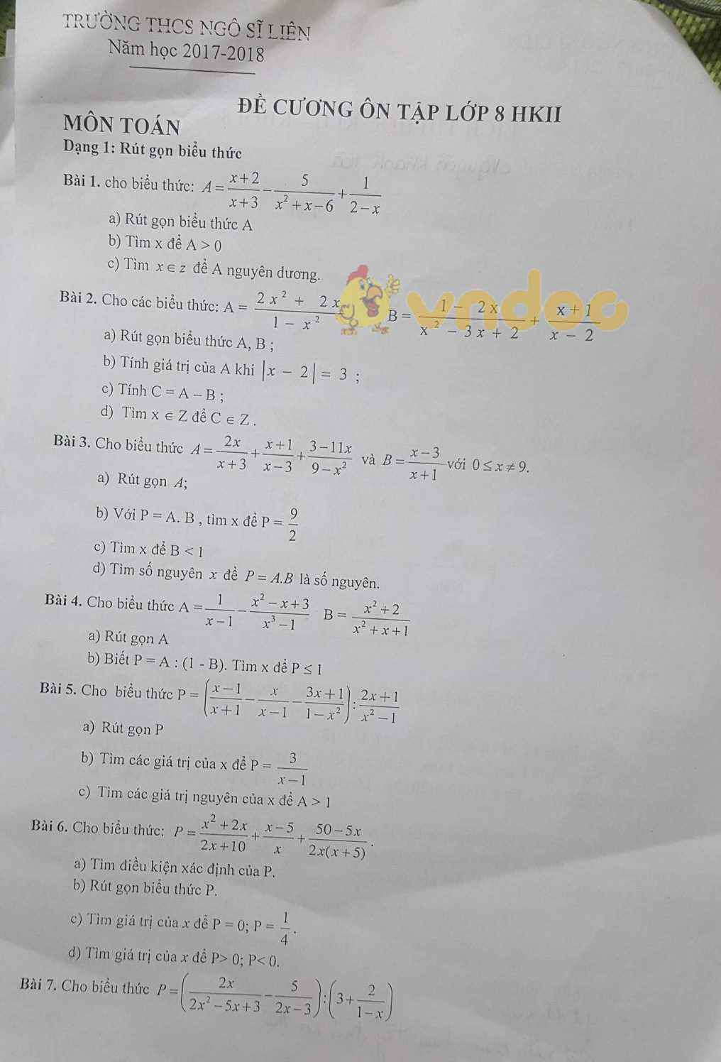 Đề cương ôn tập học kì 2 lớp 8 môn Toán trường THCS Ngô Sĩ Liên năm học 2017 - 2018