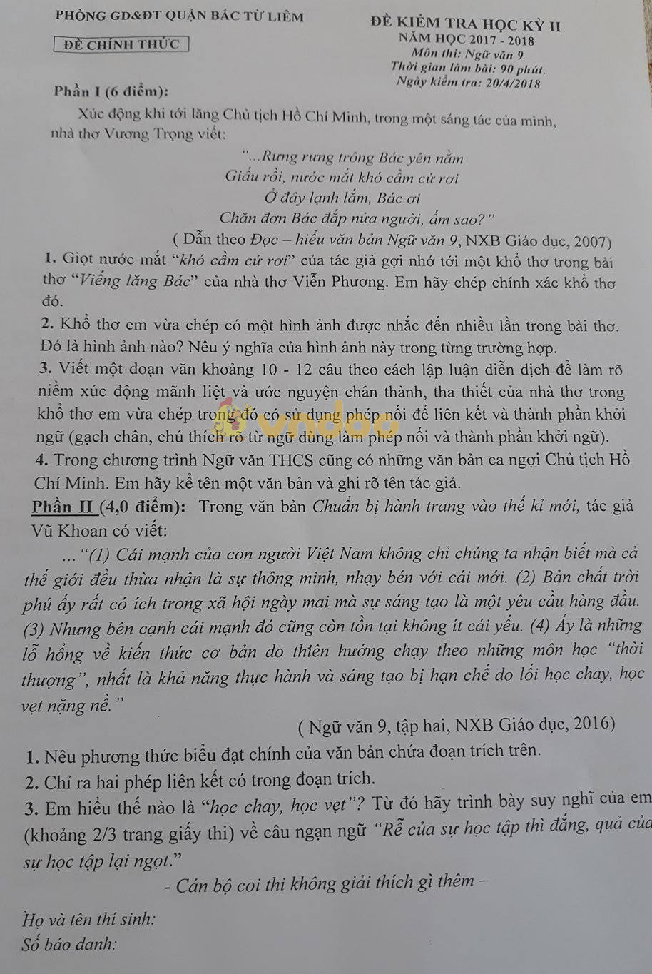 Đề kiểm tra học kì 2 lớp 9 môn Ngữ văn Phòng GD&ĐT Quận Bắc Từ Liêm năm ...