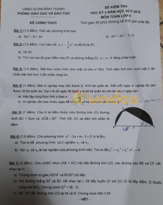 Đề kiểm tra học kì 2 lớp 9 môn Toán Phòng GD&ĐT Bình Thạnh, Thành Phố Hồ Chí Minh năm học 2017 - 2018