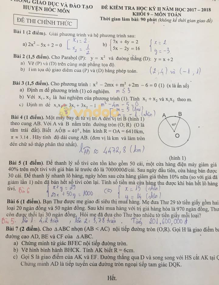 Đề kiểm tra học kì 2 lớp 9 môn Toán Phòng GD&ĐT Huyện Hóc Môn, Thành Phố Hồ Chí Minh năm học 2017 - 2018