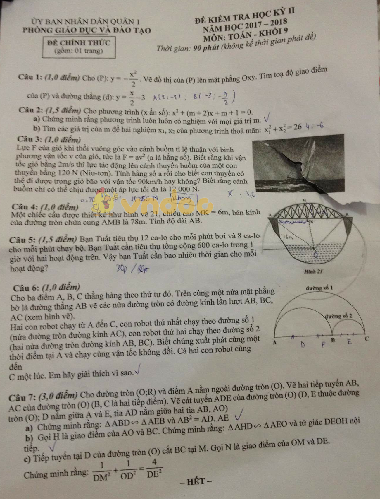 Đề kiểm tra học kì 2 lớp 9 môn Toán Phòng GD&ĐT Quận 1 năm học 2017 - 2018