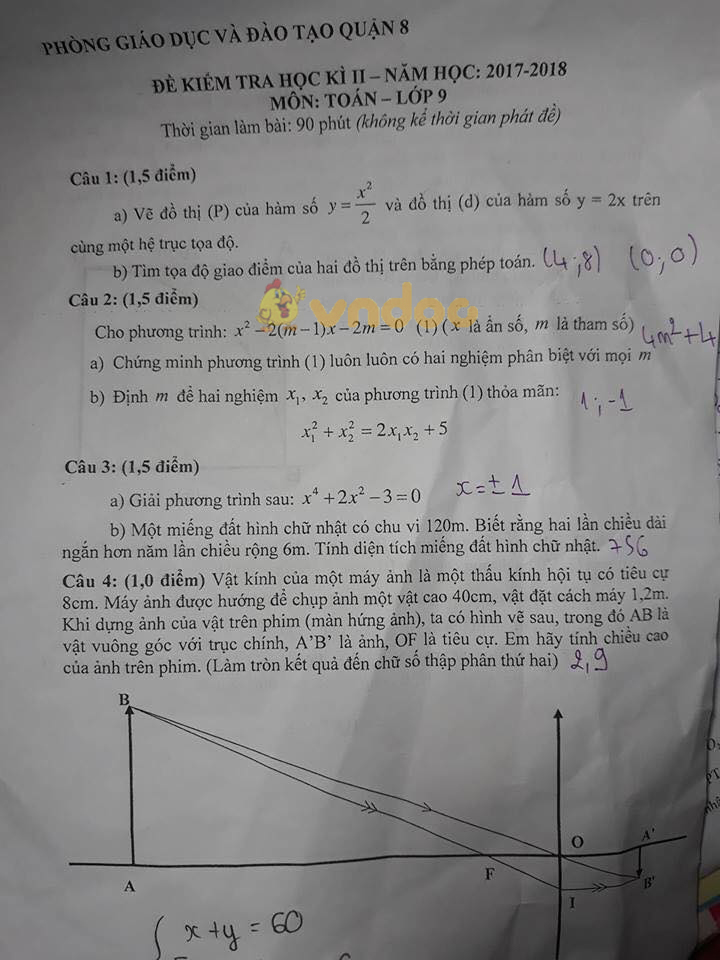 Đề kiểm tra học kì 2 lớp 9 môn Toán Phòng GD&ĐT Quận 8, Thành Phố Hồ Chí Minh năm học 2017 - 2018