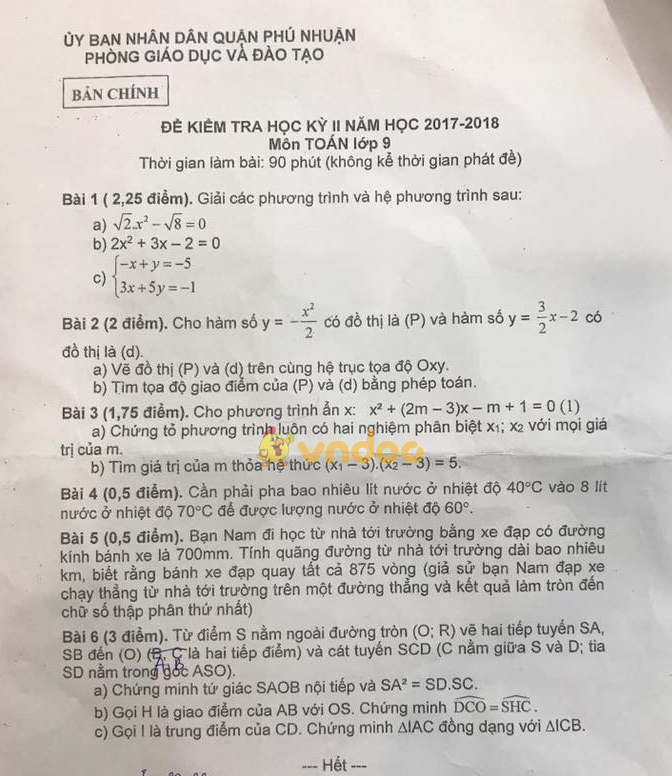 Đề kiểm tra học kì 2 lớp 9 môn Toán Phòng GD&ĐT Quận Phú Nhuận, Thành Phố Hồ Chí Minh năm học 2017 - 2018