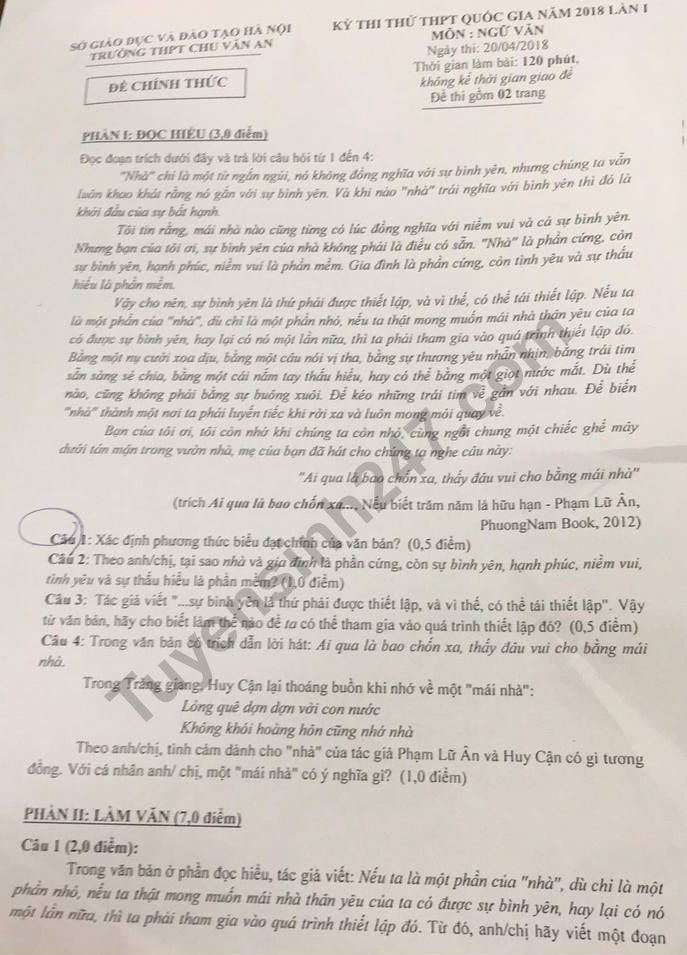 Đề thi thử THPT quốc gia môn Ngữ văn năm học 2017 - 2018