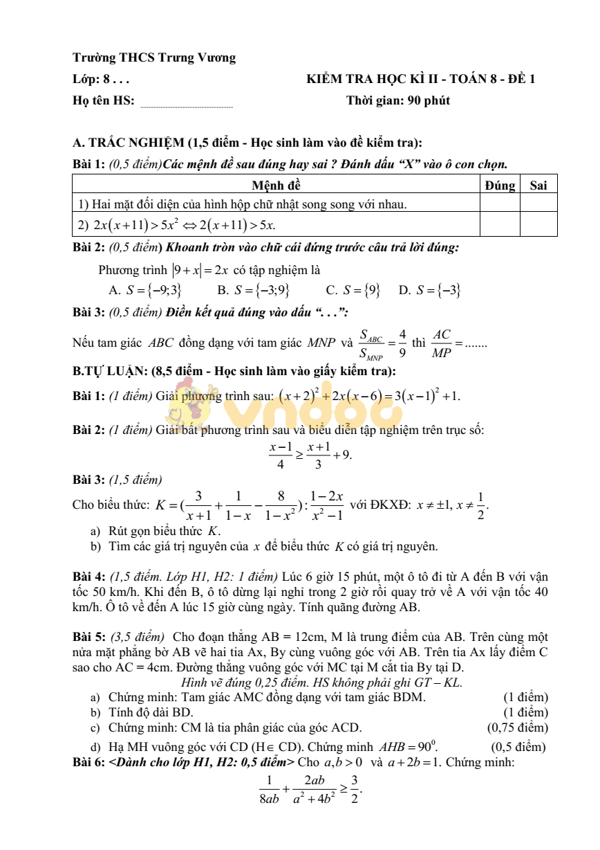 Đề kiểm tra học kì 2 lớp 8 môn Toán trường THCS Trưng Vương