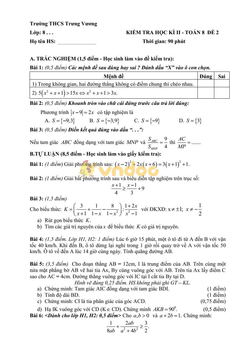 Đề kiểm tra học kì 2 lớp 8 môn Toán trường THCS Trưng Vương
