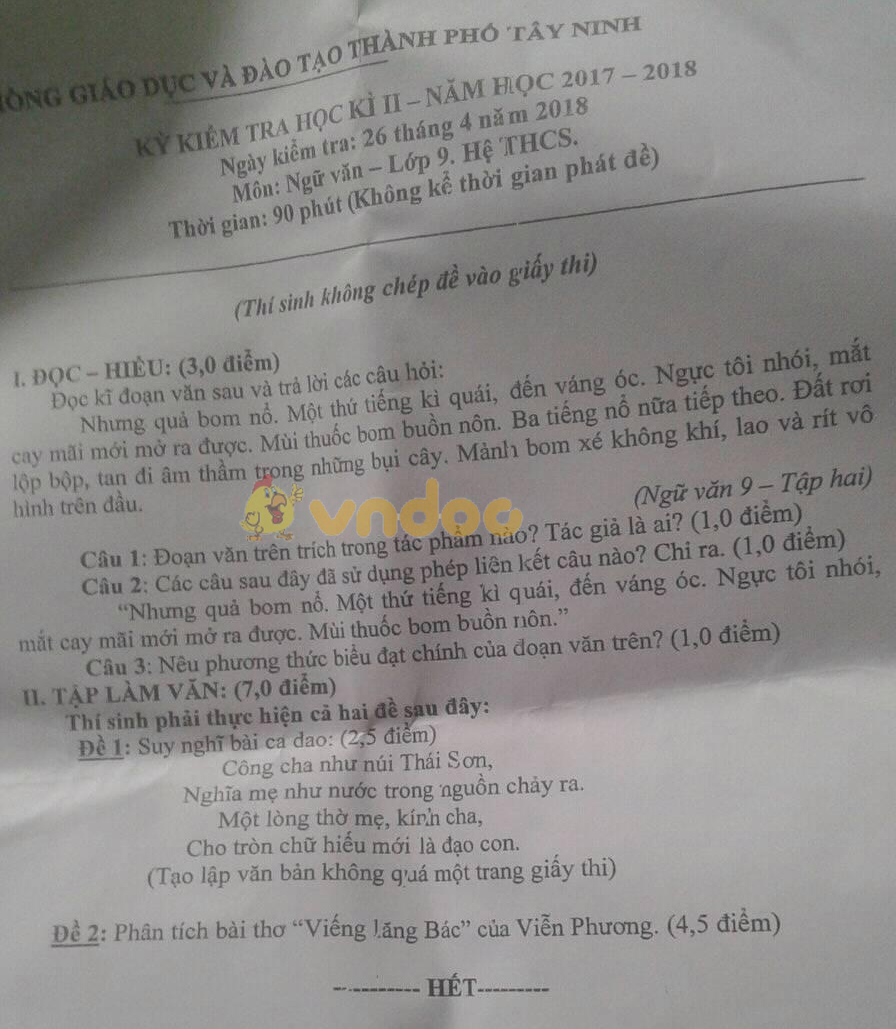 Đề kiểm tra học kì 2 lớp 9 môn Ngữ văn Phòng GD&ĐT thành phố Tây Ninh năm học 2017 - 2018