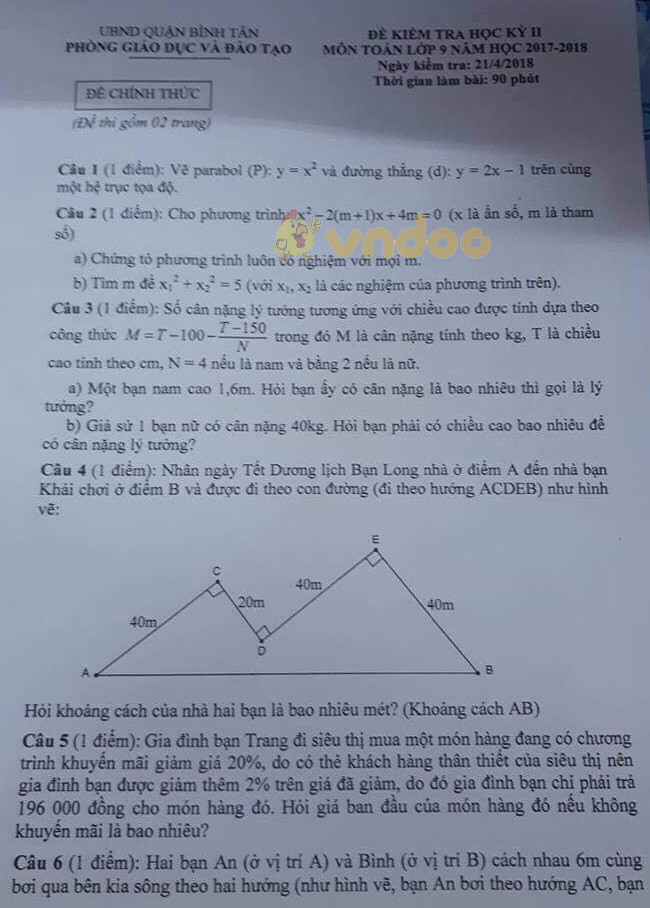Đề kiểm tra học kì 2 lớp 9 môn Toán Phòng GD&ĐT Quận Bình Tân, Thành Phố Hồ Chí Minh năm học 2017 - 2018