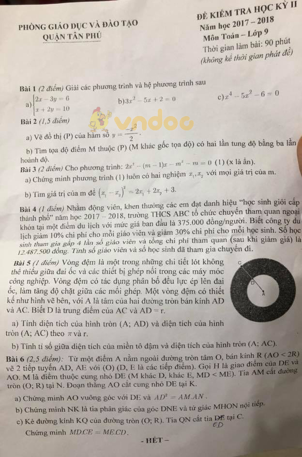Đề kiểm tra học kì 2 lớp 9 môn Toán Phòng GD&ĐT Tân Phú, Thành Phố Hồ Chí Minh năm học 2017 - 2018