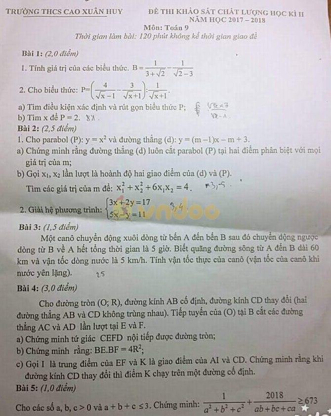 Đề thi KSCL học kì 2 lớp 9 môn Toán trường THCS Cao Xuân Huy năm học 2017 - 2018