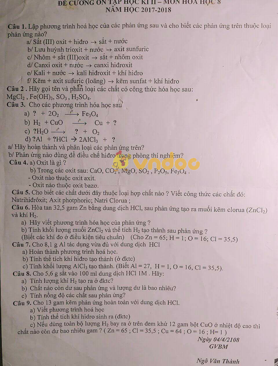 Đề cương ôn tập học kì 2 lớp 8 môn Hóa học năm học 2017 - 2018