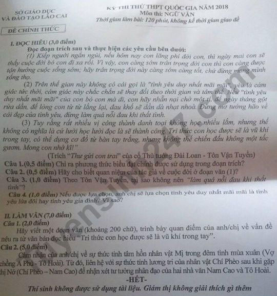 Đề thi thử THPT quốc gia môn Ngữ văn năm 2018