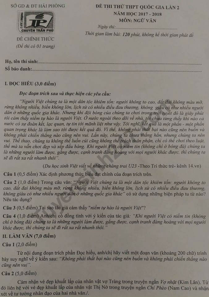 Đề thi thử THPT quốc gia môn Ngữ văn năm 2018