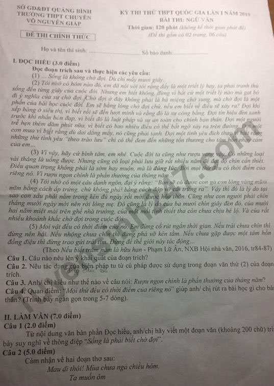 Đề thi thử THPT quốc gia môn Ngữ văn