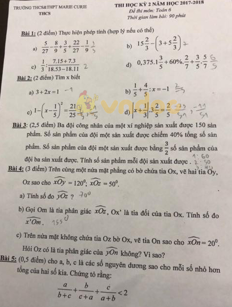 Đề kiểm tra học kì 2 lớp 6 môn Toán trường THCS&THPT Marie Curie năm học 2017 - 2018