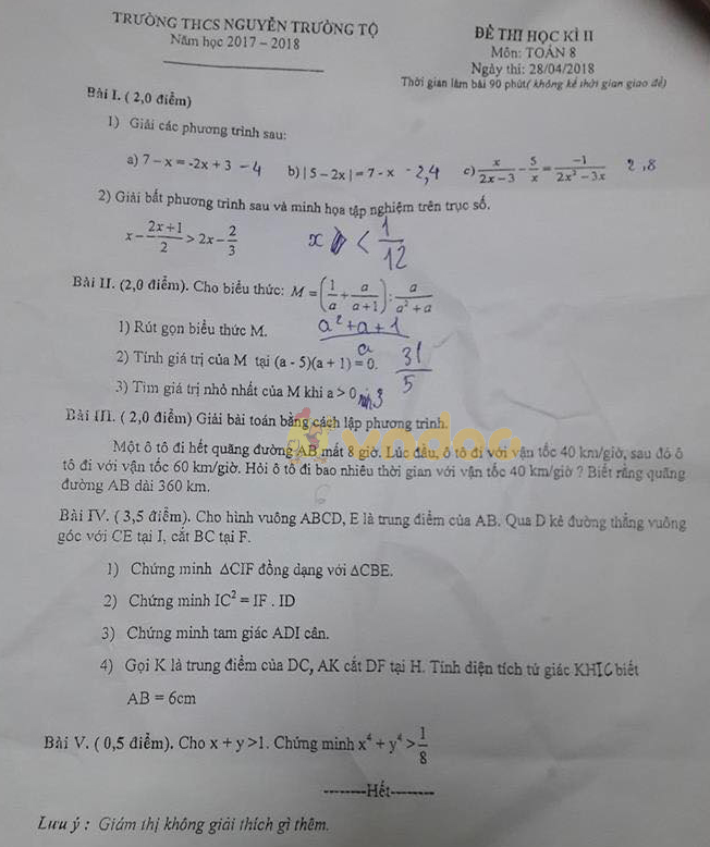 Đề kiểm tra học kì 2 lớp 8 môn Toán trường THCS Nguyễn Trường Tộ năm học 2017 - 2018