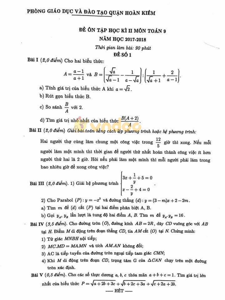 Đề kiểm tra học kì 2 lớp 9 môn Toán Phòng GD&ĐT Hoàn Kiếm năm học 2017 - 2018